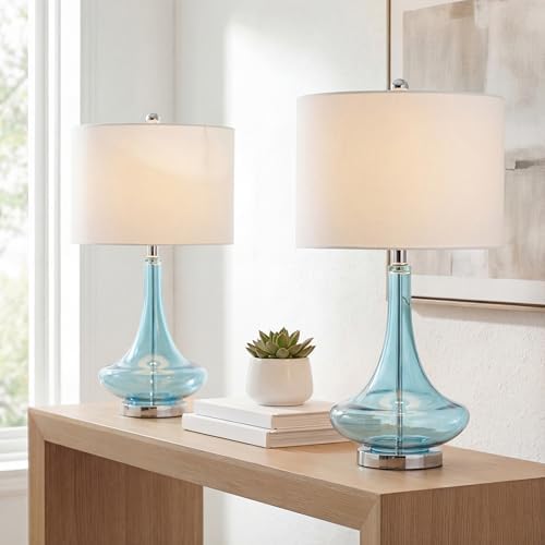 JONATHAN Y Cecile 25.5" Metal Glass Lamp, Aqua/Chrome, Set of 2