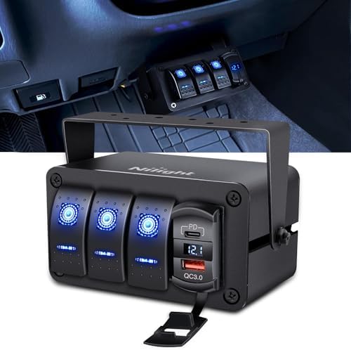 Nilight 3 Gang Rocker Switch Box 12V SPST ON Off PD Type C and QC 3.0 USB Charger Voltmeter Waterproof Aluminum Panel DIY Stickers for Boats Cars RVs Trucks