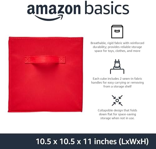 Amazon Basics Cube Organizer Storage Bins Handles, Collapsible Fabric, 10.5"x10.5"x11", Red (Pack of 30)