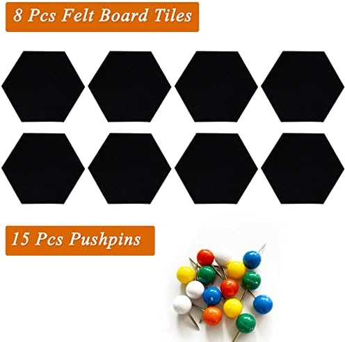 8Pcs Hexagon Felt Cork Board Tiles, Self Adhesive DIY Bulletin Board Pin Board for Office School Home Wall Decor Stickers Memos Photos Display (Black)