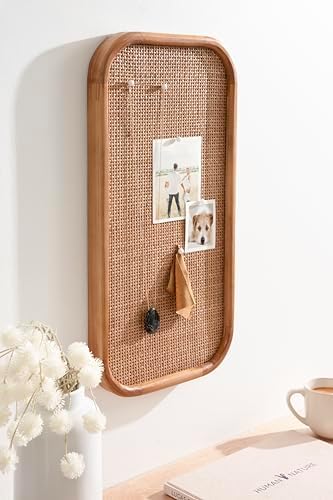 Kate and Laurel Planche Modern Rattan Wall Pinboard, 12 x 24, Natural Wood, Boho Rounded Rectangle Wall Organizer for Use as Cork Board, Vision Board, or Bulletin Board