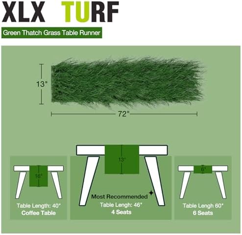 XLX TURF 13" x 72" Shaggy Fake Grass Table Runner for Hawaiian Party Summer Decor, Fireproof Green Thatch Palm for Wedding, Jungle Safari Wild One Birthday, Baby Shower