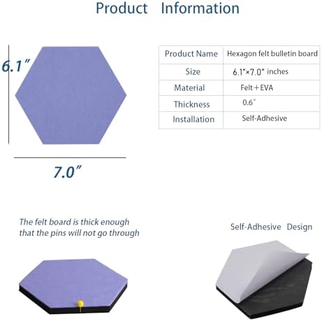 10Pcs Self Adhesive Felt Board Tiles Hexagon Bulletin Board for Walls, Felt Cork Pin Board for Pictures Photos Memos with Push Pins (Color C)
