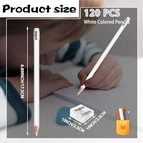 120 PCS Erasable Colored Pencils with Eraser Pre Sharpened Pencil 2 HB - Ideal for Checking, Grading, Tests & Office/School Supplies (White)