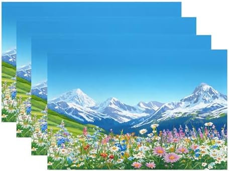 Batmerry Serene Environment Alpine Ry Linen Placemats Set of 4, Blooming Flora Mountainous Terrain Washable Table Mats for Kitchen Table Thickened Heat Insulation Dining Set Indoor Outdoor 12X18 in