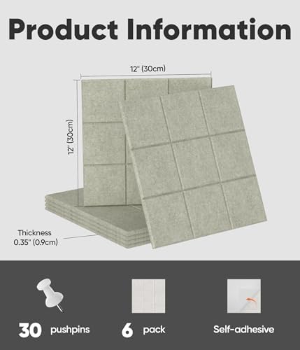 Large Cork Board for Walls 36" x 24", 6 Pack Felt Wall Tiles with Push Pins for Office Home, Pin Board Bulletin Board for Photo Pictures, Sage