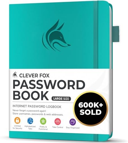 Clever Fox Password Book with Alphabetical Tabs, 7"x10" Keeper Turquoise