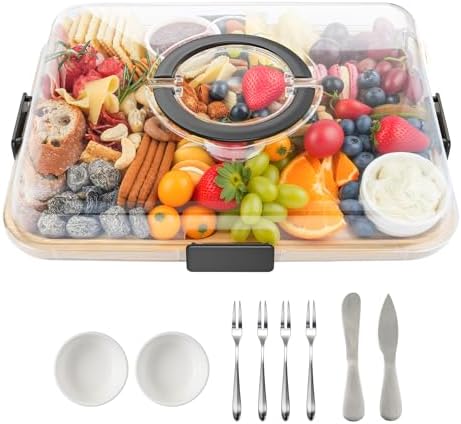 Portable Bamboo Charcuterie Board with Lid, 6 Compartments