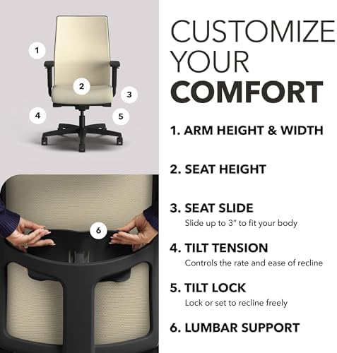 HON Ignition 2.0 Ergonomic Office Chair, Lumbar Support, Desk Chair, Linen