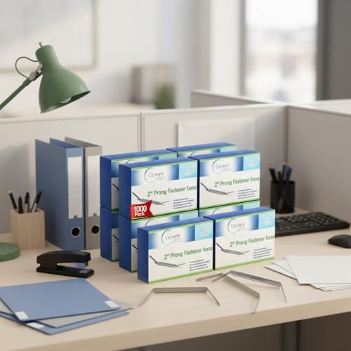 OLYMPX 1000 Pcs of 2” Capacity Premium Metal Prong Paper Fastener Bases, 2.75 Inch Base for Paper File Clip Folder Accessories (Pack of 10 Boxes)