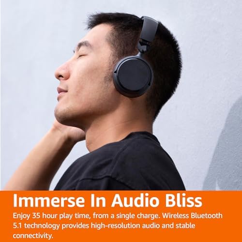 Amazon Basics Bluetooth On-Ear Headphones Wireless with Microphone, Deep Bass, 35 Hour Playtime, Foldable, Collapsible, Portable Travel Friendly, Black