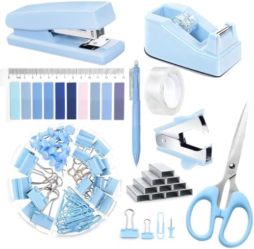 Office Supplies,Blue Desk Accessories,Stapler and Tape Dispenser Set with Stapler,Tape Dispenser,Staple Remover,Staples,Clips,Scissors and Tabs,Gift for Student,Teacher,Coworkers,Business,Gift 9pcs