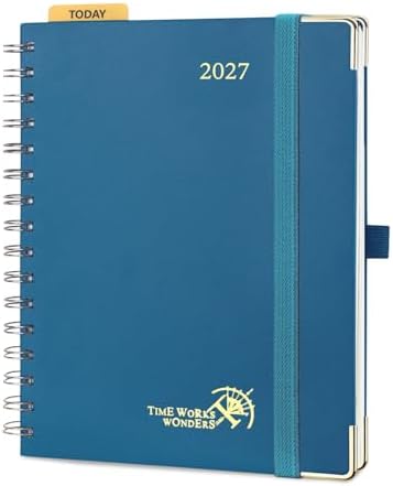 POPRUN 2027 Planner Daily Weekly and Monthly Calendar with Hourly Schedule(Medium Size 8.5'' x 6.25'' Wire-Bound Hard Cover) - Agenda 2027 (Jan.2027-Dec.2027), Monthly Tabs - Night Sky Navy Blue