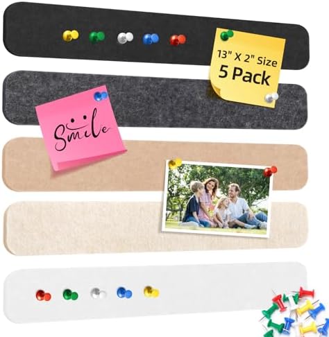 HAUTOCO Felt Bulletin Strips 5 Pack, 13" x 2" Self Adhesive Pin Board with 20 Push Pins, Peel and Stick Memo Board for Photos, Notes & Wall Decor, Dorm Room, Bedroom, Office, Concrete Color