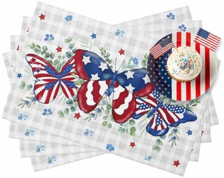 4th of July Placemats Set of 6, Patriotic Star Butterfly Heat Resistant Washable Dining Table Mats Summer Farmhouse Decor for Kitchen&Table Linens Outdoor Indoor, Eucalyptus Leaves Grey Buffalo Plaid