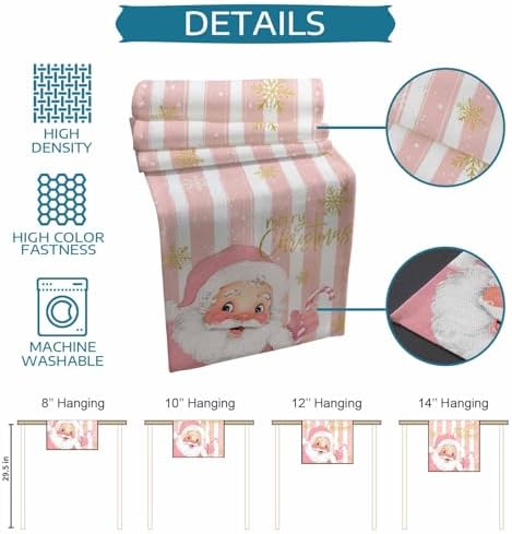 Pink Santa Claus Table Runner Dresser Scarf 13 x 36 Inch Merry Christmas Candy Snowflake White Striped Table Runners Non-Slip Heat Resistant Kitchen Dining Table Decor for Home Holidays Indoor Outdoor