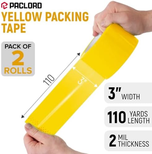 3" x 110 Yards Yellow Packing Tape, 2 Rolls - 2.0 Mil Carton Sealing Tape