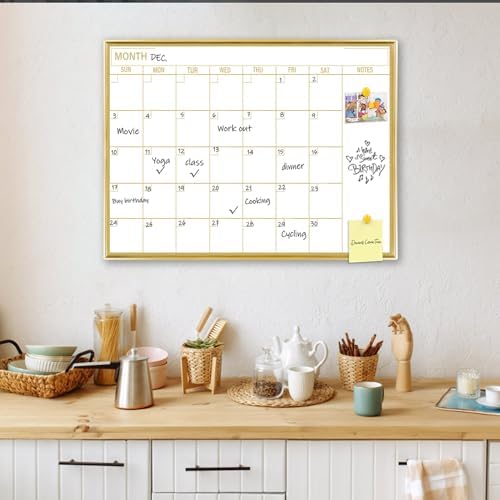 Gold Dry Erase Calendar Whiteboard for wall-20’’x28’’,Portable Aluminum Frame,Magnetic Calendar White Board,Wall Planner Dry Erase Board for Office, Kitchen, School, Home