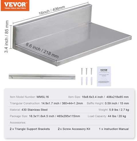 VEVOR Stainless Steel Wall Shelf, 8.6" x 16"-2 Pack with Backsplash, Holds 44 lbs, Ideal for Kitchen, Bar, Restaurant, Home, Hotel