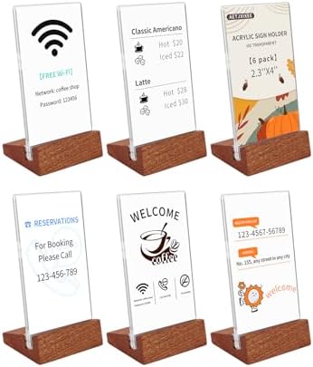 6 Pack Small Acrylic Sign Holder with Wood Base 2.36x3.94 Inch