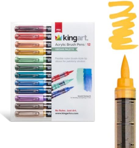 KINGART Acrylic Paint Markers Brush Tip, 12 Vintage Colors. Water-based, no-bleed, waterproof pens with automatic ink control for rock, egg, wood, fabric, glass & DIY crafts