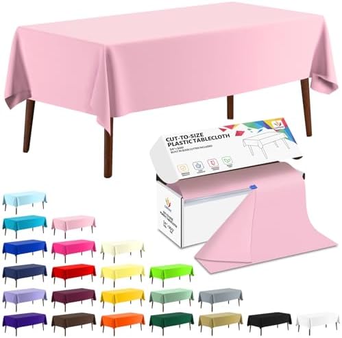 CXPSINC 54 Inch X 300 Feet Plastic Table Cover Roll Disposable Tablecloth with Slide Cutter for All Type/Shape Tables | Party, Banquet, Birthdays, Weddings(Pink, 300 Feet)