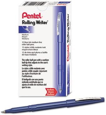 Pentel Rolling Writer Pen, 0.8 Millimeter Cushion Ball Tip, Blue Ink, Box of 12 (R100-C)