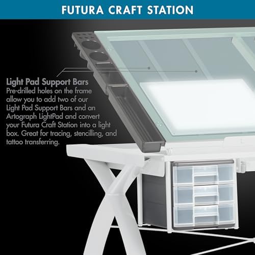 SD Studio Designs Futura Craft & Drawing Table with Adjustable Tempered Safety Glass Top – Modern Art Desk with Storage Drawers, Pencil Ledge, Matte Ivory/Sea Green Glass