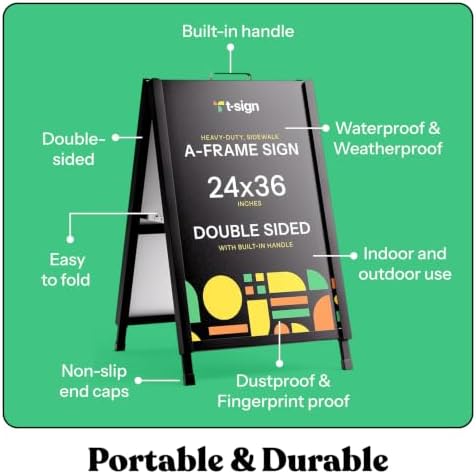 T-SIGN A-Frame Sign for Outdoors, Sidewalk Menu Board 24 X 36 Inch Folding Slide-in Board - Heavy Duty Portable Sandwich Board, Metal Double Sided 2 Corrugated Plastic Poster Boards for Restaurants
