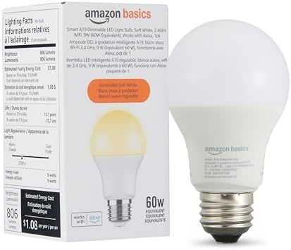 Amazon Basics Smart A19 LED Light Bulb, Dimmable Soft White (2700K), 9W (60W Equivalent), 800LM, Works with Alexa Only, Energy Efficient, 2.4 GHz Wi-Fi, No Hub Required, 1-Pack