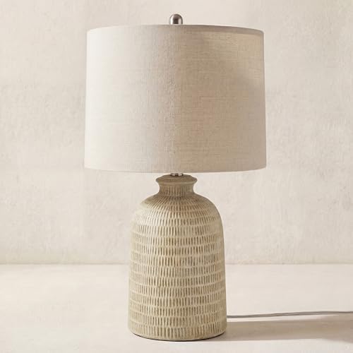 Nourison Home 24" Natural Beige Textured Ceramic Table Lamp with Tan Linen Shade, Farmhouse Accent Lamp, Bedside Nightstand Lamp for Bedroom, Living Room