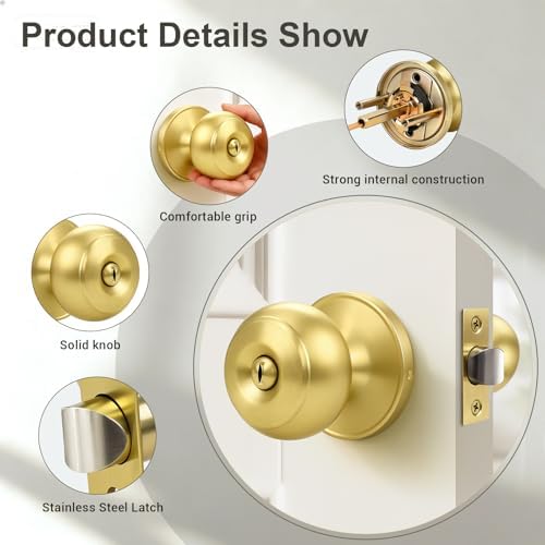 KNOBWELL 5 Pack Privacy Door Knob for Bathroom or Bedroom Door Knobs, Round Interior Door Knobs,Gold Indoor Door Knob, Keyless Door Knob with Lock, Door Handle Lock, Gold