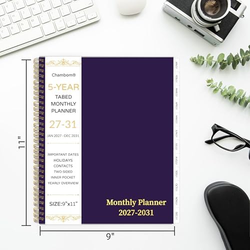 2027-2031 Monthly Planner, 5 Year Monthly Planner/Calendar 2027-2031, 60-Month Jan 2027 – Dec 2031, 9" x 11", Tabs, Double-Side Pocket, Holidays, Thick Paper - Purple