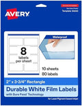 Avery® Printable Durable White Rectangle Labels, Sure Feed® Technology, 2" x 3.75", Print-to-the-Edge, Waterproof Labels, Laser & Pigment-Based Inkjet Compatible, 80 Total