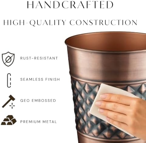 Monarch Abode Metal Bathroom Trash Can – Waste Basket for Bedroom, Office Desk, & Dorm, Handcrafted Geo Embossed, Durable Decorative Antique Copper Small Trash Can Bathroom Garbage Bin Wastebasket