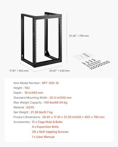 VEVOR 15U Open Frame Server Rack, Free Standing or Wall Mount Rack with 180 Degrees Gate Swing, Network Rack for 19" IT Equipment & A/V Devices