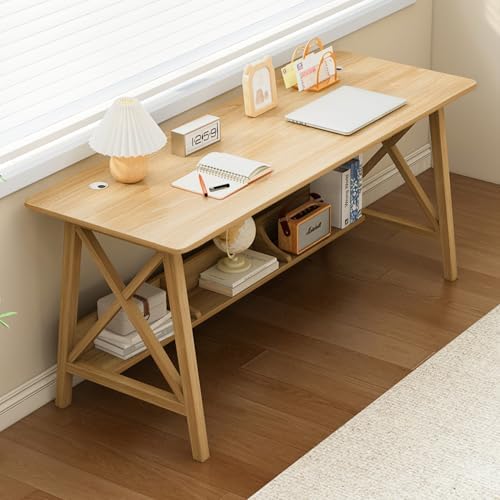 NELYE Extra Long Writing Desk with Bookshelf, 55" Wx20 Dx30 H, Oak