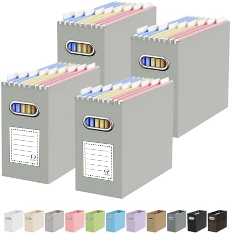 Oterri Portable Collapsible Cardboard File Box with Handle for Letter-Size | 4-Pack. Stainless Steel Handle. Label Stickers Included. Fits Letter Folders (Not Included). Home, Office, School, Dorm, Tax.
