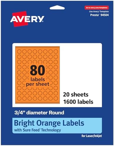 Avery® Printable Round Labels, Sure Feed® Technology, 3/4" Diameter, Bright Orange Labels, Print-to-the-Edge, Laser/Inkjet, 1,600 Total, Great for Price Stickers and Mailing Seals