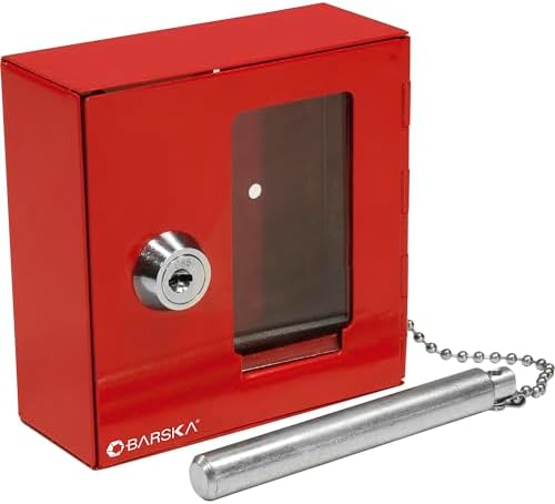 Barska Red Key Lock Breakable Glass Window Alarm Emergency Key Storage Lock Box with Attached Hammer for Home and Business