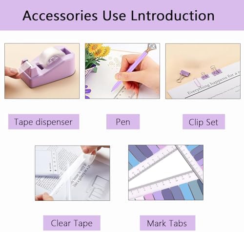 Office Supplies,Purple Desk Accessories,Office Supplies Set,Desk Organizer,Stapler,Tape Dispenser,Scissors,Staple Remover,Binder Clips,Staples,Ballpoint Pen,Index Tabs with Ruler,Clear Tape.10pcs
