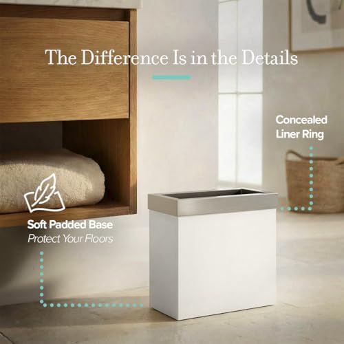 Gatco Small Bathroom Trash Can with Lid, Rectangle 3 Gallon Stainless Steel Wastebasket, Under Sink, Matte Pearl and Satin Nickel, for Bathroom, Bedroom, Office (1939SN)