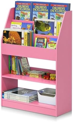 Furinno LOVA Book Shelf, 5-Tier Magazine Bookshelf, Bookcase with Open Shelves Storage, 9.4 x 24.6 x 37, for Living Room, Bedroom, Home Office, Pink