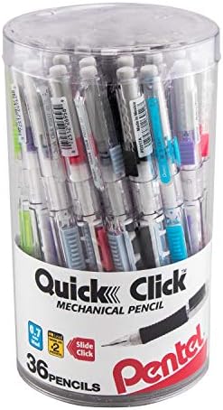 Pentel Quick Click Mechanical Pencil, (0.7mm) Med Line, Canister, Assorted Colors (A/D/N/P/S/V), 36-PK (PD217PC36M)