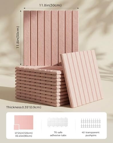 Aothia 12-Pack Felt Bulletin Board Tiles 48"x36", Modular Push Pin Board for Home Office & Classroom, Cork Board Alternative for Notes, Photos & Schedules, 70 Adhesive Tabs & 40 Pins, Pink