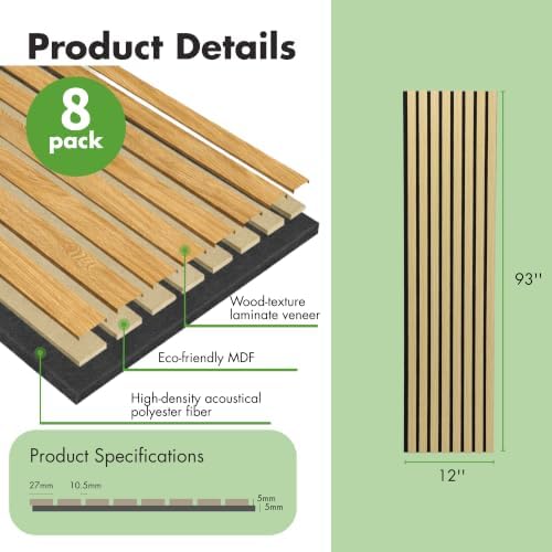Art3d 8-Pack 12" x 93" Soundproof Wood Slat Panels, 62 sq.ft Acoustic Wall Panels, 3D Wall Panels with Wood Slat Design, Decorative Wood Wall Panel for Accent Walls-Oak