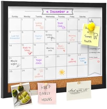 Dry Erase Calendar Whiteboard for Wall, Magnetic 13" x 17" Combination Dry Erase Board & Bulletin Board, 2in1 White Board Cork Board Combo(Black)