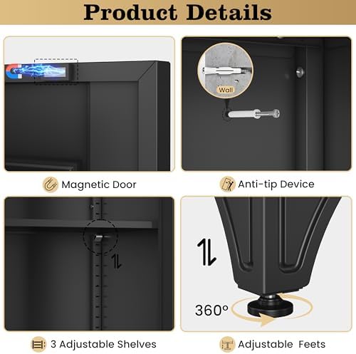 71" Metal Storage Cabinet with Hanging Rod, Black Tall Wardrobe Closet with 3 Adjustable Shelves, Heavy Duty Steel Office Armoire, Modern Minimalist Design for Bedroom, Laundry Room