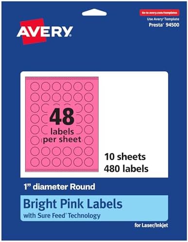 Avery Printable Round Labels, Sure Feed Technology, 1" Diameter, Bright Pink Labels, Print-to-the-Edge, Laser/Inkjet, 480 Total, Great for Price Stickers and Mailing Seals