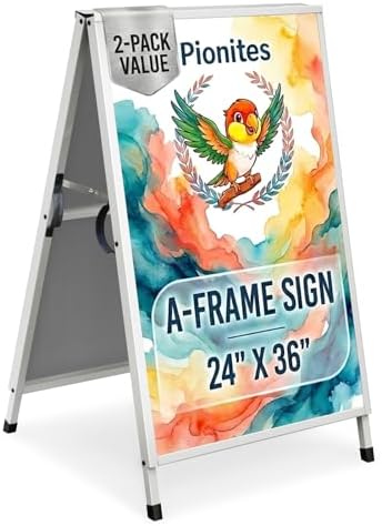 Pionites Heavy Duty Slide-in Folding A Frame Sign Sidewalk Sign 24x 36 Inch Steel Metal Double-Side Pavement sign Corrugated Plastic Poster (2, White, 24''X36''(Frame Only))